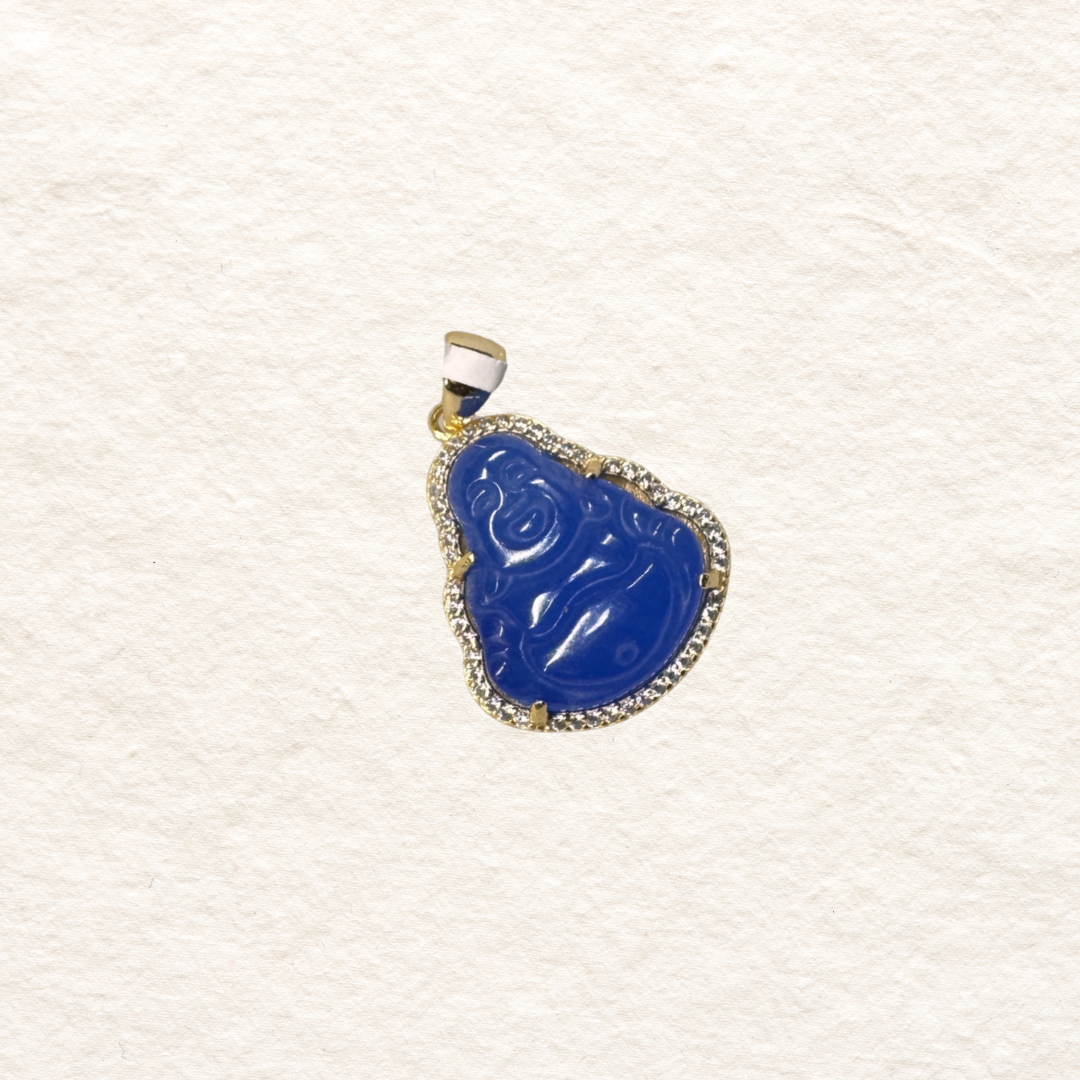 This pendant features a carved blue jade Buddha figure surrounded by a sparkling diamond halo set in gold vermeil. The laughing Buddha design shows intricate carved details with a glossy finish that complements the brilliant diamond accents.