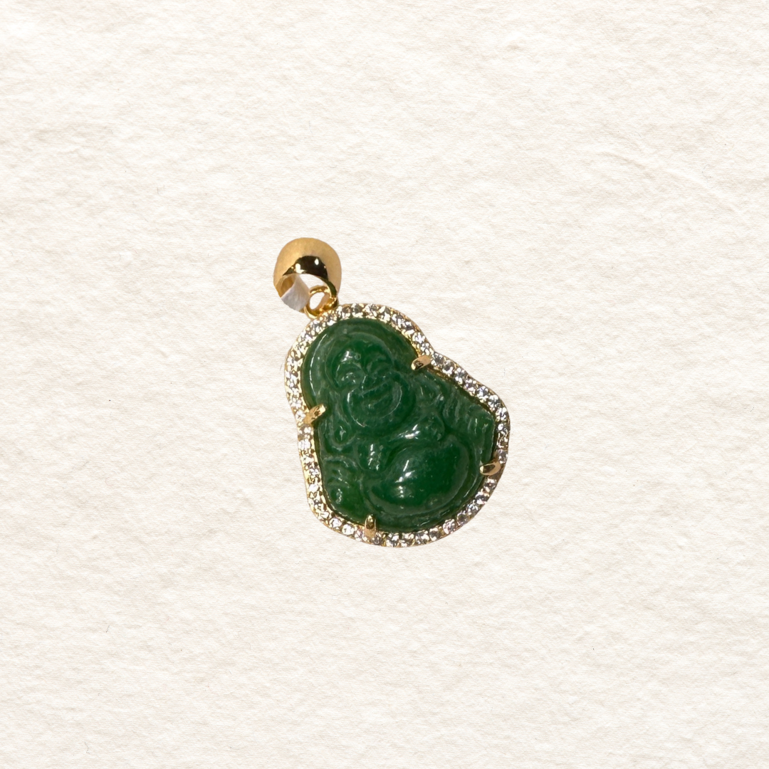 This pendant features a carved dark green jade Buddha figure surrounded by a sparkling diamond halo set in gold vermeil. The laughing Buddha design shows intricate carved details with a glossy finish that complements the brilliant diamond accents.