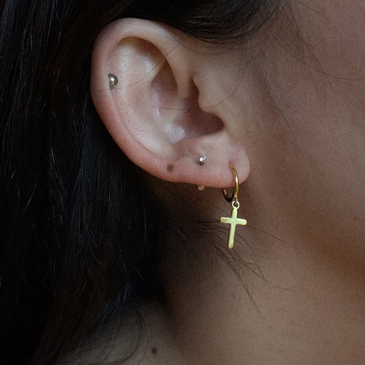 Timeless Cross Charm Hoop Earrings - Sterling Silver and Gold Vermeil