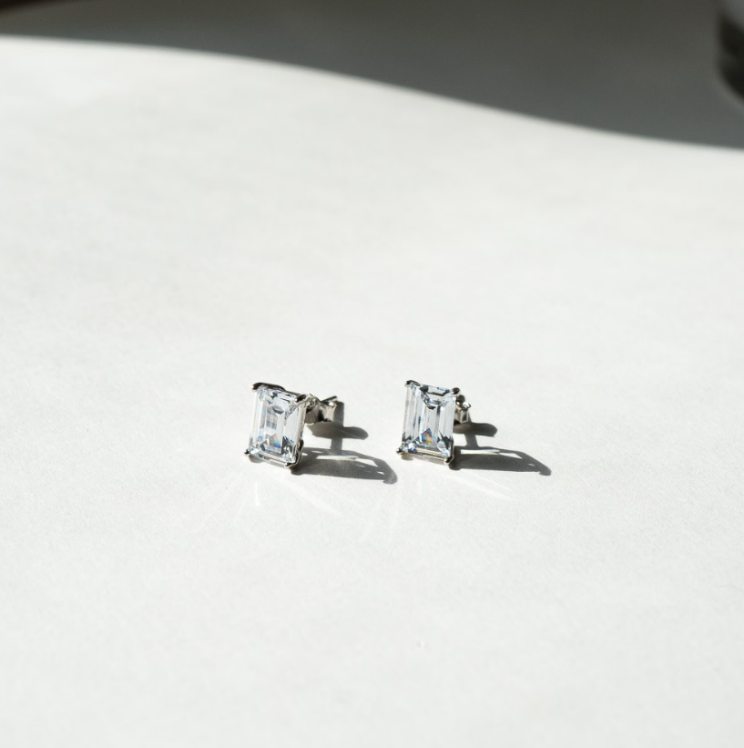 Unisex Emerald Cut Sterling Silver Stud Earrings with AAA CZ | Minimalist & Inclusive Jewelry for Any Occasion