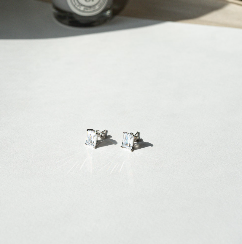 Unisex Emerald Cut Sterling Silver Stud Earrings with AAA CZ | Minimalist & Inclusive Jewelry for Any Occasion