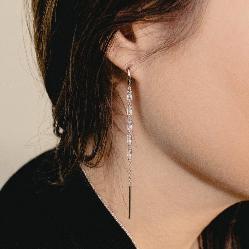 Baguette Cut Hoop and Long Drop Earrings